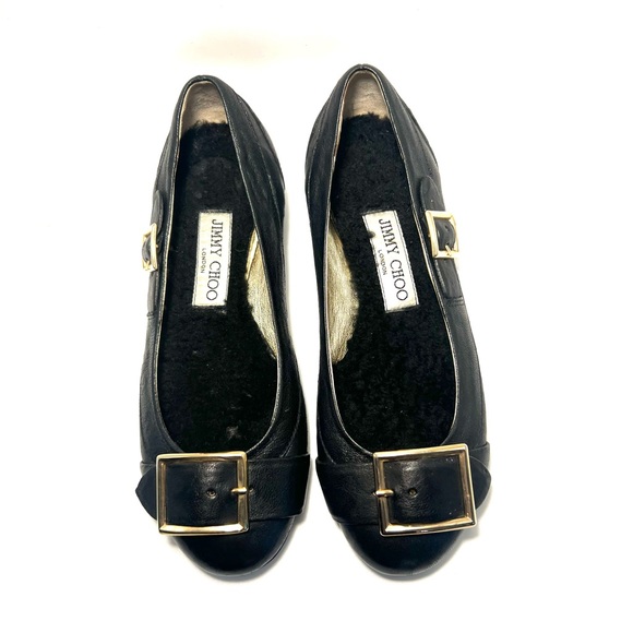 Jimmy Choo Black Buckle Flats With Sheepskin Sole Size 35.5 (US 5) - Picture 1 of 10